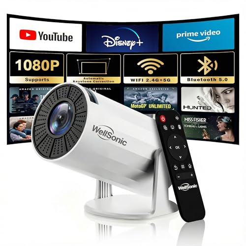 WellSonic Mini Projector with WiFi and Bluetooth, Portable Movie Projector Support 4K, Auto Keystone,210° Rotation, 130'' Screen Smart Projector Compatible with HDMI Phone TV Stick for Bedroom Outdoor