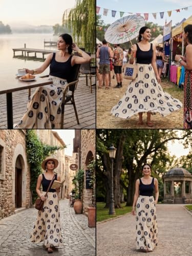 Image of GRECIILOOKS Women's Casual Summer Beach Skirts | Maxi Skirt for Women High Waist | Boho Ethnic Flared Skirts | Indian Long Skirt Rayon Printed | Elastic Waist Long Skirt's for Women