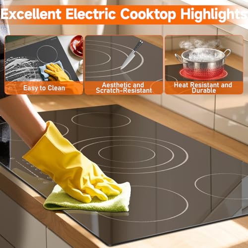 Image of Noxton 36 Inch Electric Cooktop 5 Burner, 9200W Built-in Electric Stove Top | Triple Elements, Pause, 9 Power Levels, Touch Control, Timer, Child Lock and Residual Heat Warning, 220-240V Hard Wire