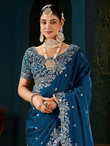 Image of SIRIL Women's Tissue Silk Sequence Embroidery Saree with Unstitched Blouse Piece