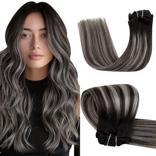 Vivien Clip in Hair Extensions Real Human Hair Clip in Extensions Ombre Off Black Fading to Silver Grey Balayage Hair Extensions Clip in Silky Straight 18 Inch 5Pcs 70g