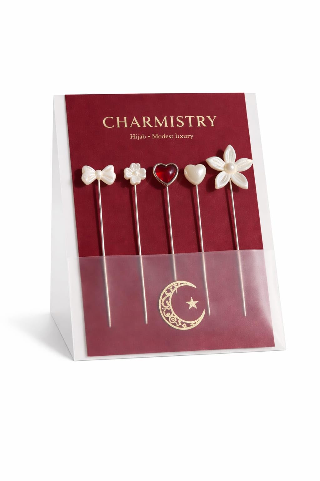 CHARMISTRY Hijab Pins Set of 5 | Pearl Decorative Scarf Pins for Women – Bow, Flower, Heart Designs | No Snag Long Hijab Safety Pins | Modest Wear Brooch Pin Set | Eid Ramadan Gift (Ivory Gold) | Korean hijab pins stylish for scarf for muslim women-image-9