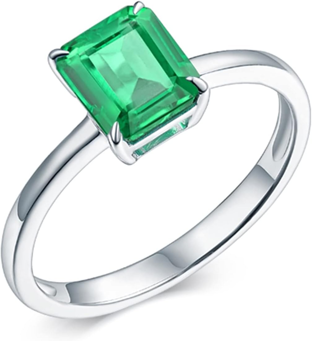 Engagement Ring 18K White Gold, Charm Ring Rectangle 4 Prong 0.75ct Asscher Cut Emerald Ring Wedding Gift for Women