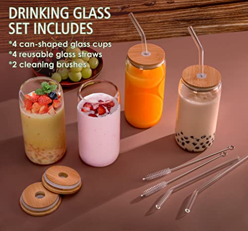 4Pcs Set Drinking Glasses With Bamboo Lid And Glass Straw - 16Oz Can Shaped Drinking Glass Set, Iced Coffee Mug, Cute Tumbler Cup, Whiskey, Cocktail, Water- Gift Best Choice - 2 Cleaning Brushes (1) #TOP1