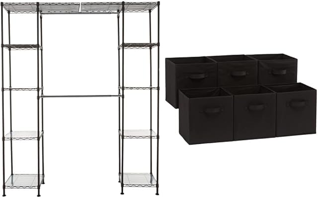 Amazon Basics Expandable Wardrobe and Closet Organiser / Rail with 10 Height-Adjustable Shelves and Foldable Storage Cubes (6 Pack), Black