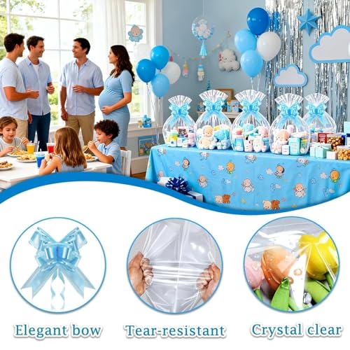 Image of PigPotParty Cellophane Bags for Gift Baskets, 16x24 in, 10 Pack, Blue Bows | Thick clear OPP holds shape; seamless bottom resists tears; easy-to-use large pull bows save time and add a polished finish
