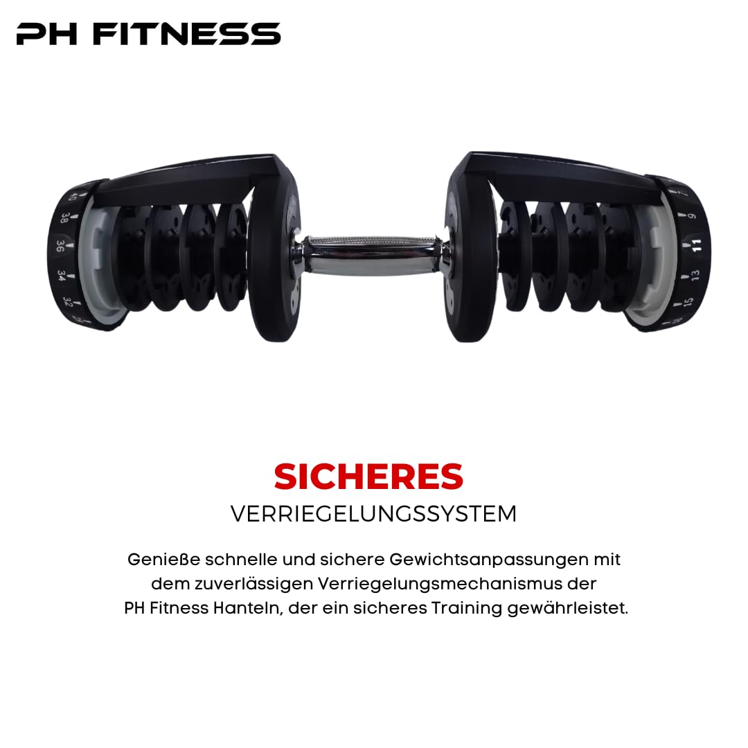 PH Fitness Verstellbares Hantelset - Platzsparendes Hantelset mit 15-17 Gewichtseinstellungen für Heim-Fitnessstudio, Körpertraining, Fitness, Gewichtheben & Workout (2 Stück)