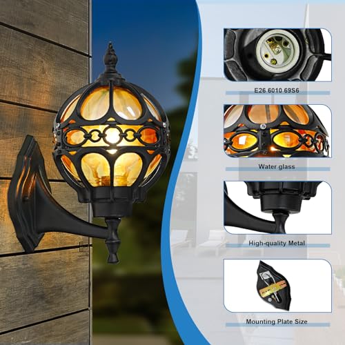 Outdoor Wall Lights, Black Globe Porch Light, Spherical Aluminum Exterior Lighting Fixtures for Patio Yard Doorway Garage, Anti-Rust Waterproof Globe Outside House Lantern Wall Mount with Amber Glass