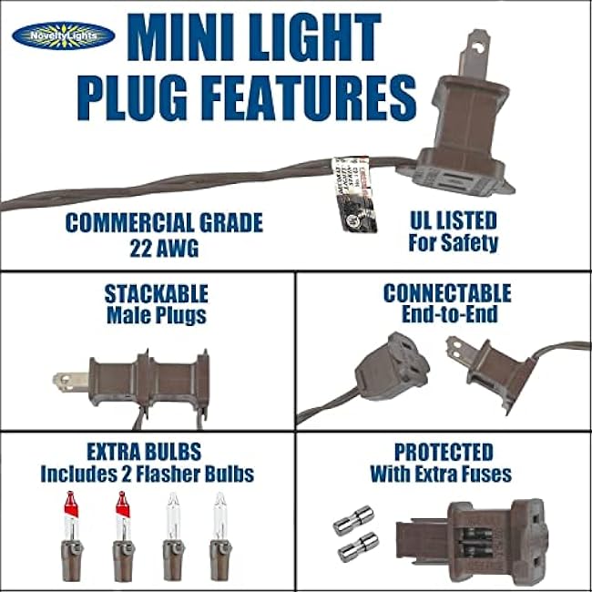 Novelty Lights 50 Feet 100 Bulbs Traditional Incandescent Mini Lights, Amber on Brown Wire with 6 Spacing, Commercial Grade and UL Listed for Indoor/Outdoor Use, End-to-End Connectable