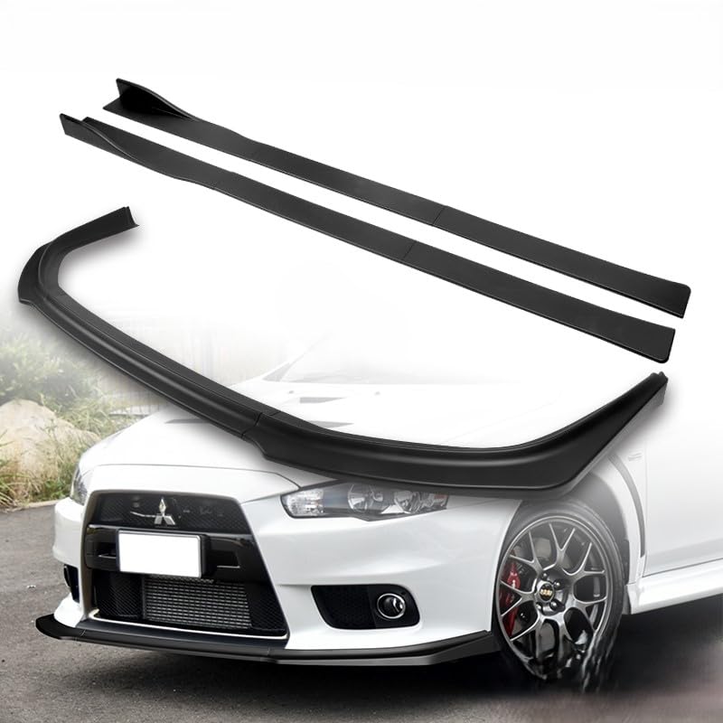 Stay-Tuned, 9PCS ABS R-Style Front Bumper Lip Spoiler Body Kit + Universal Side Skirts, Compatible with 2008-2015 Mitsubishi Lancer Evolution EVO X, Exterior Accessory (Unpainted Black)