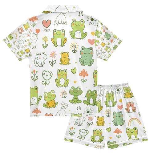 senya Cute Frog Hand Drawn Satin Summer Pajama Sets Silk Short Sleeve Button Down Sleepwear2