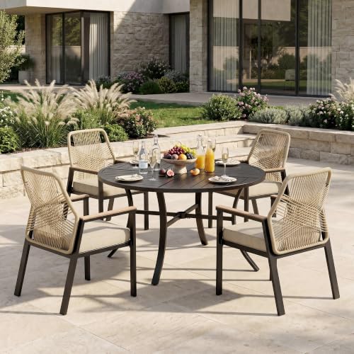 Image of MIXPATIO 5 Pieces Round Outdoor Dining Set for 4, Patio Dining Set Wicker Rattan Chairs with Soft Cushion and 42 inch Round Table with Umbrella Hole, Round Patio Table and Chairs for Backyard Porch