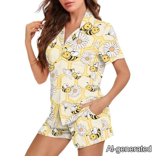 Image of Renewold Women's Short Sleeve Pajama Set Button Down Sleepwear with Notch Collar Soft Lounge Top and Shorts with Pockets