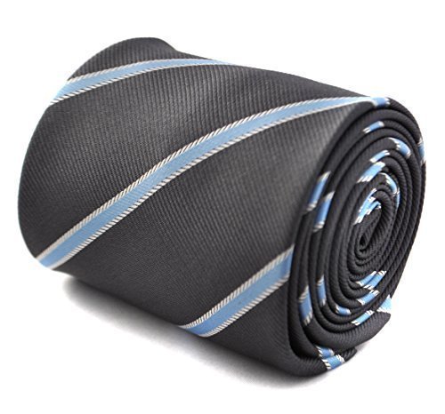 Frederick ThomasGrey and Light Blue Club Striped Men’s Tie with Hidden Floral Back, 8cm Width, Ideal for Weddings, Office Wear and Formal Events, Perfect for Gift