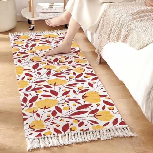 Image of Hand Woven 100% Natural Cotton Export Quality Designer Rug,Carpet, Bed Side Runner for Bedroom,Living Room, Size-2x5 feet. (Maroon Yellow Flower)