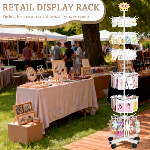 Image of Retail Display Stand Store Display Rack 6 Tier Metal Spinning Display Stand Rack with Wheels Keychain Jewelry Stocking Hat Stand with Hooks for Malls, Showroom, Retail Store (6 Tier White)
