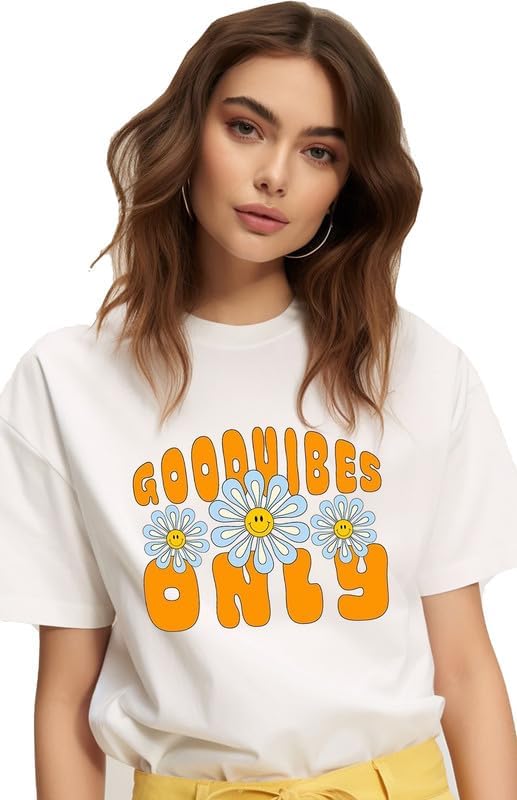 VLAMUnique Colorful Good Vibes Only Flower Printed Graphic Tshirt for Women | Summer Tshirt and Tops for Women and Girls