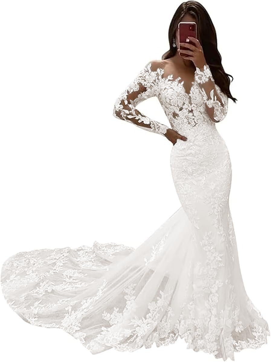 V Neck Mermaid Tulle Wedding Dresses for Women 2026 Court Train Backless Bridal Gown with Hollow-Out Laces Applique
