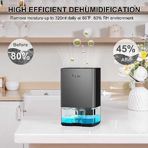 ToLife Dehumidifiers for Home 30 OZ Water Tank with Auto-Off 500 sq.ft Portable Small Dehumidifier for Bathroom Bedroom RV Closet Room 7 Colors LED Light, Gray