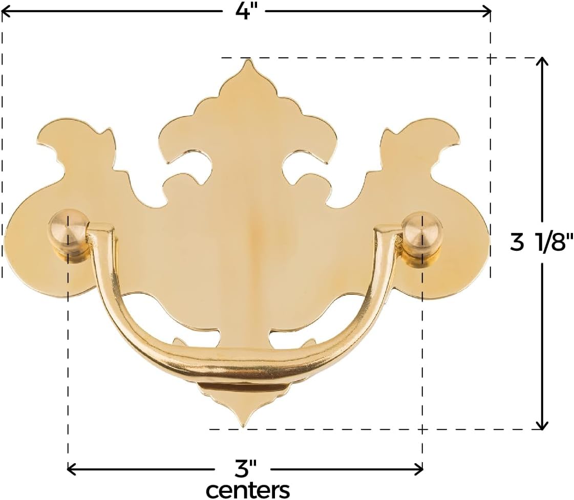 Chippendale Large Cast Brass Drawer Bail Pull | Centers: 3" | Handle for Antique Cabinet Door, Dresser Drawer, Desk | Furniture Reproduction Hardware | UA-844-LPB