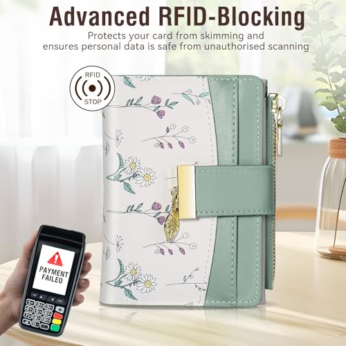 Image of Avando Wallets for Women- RFID Blocking- Soft PU Leather Bifold Coin Zipper Pocket Purse-Small flower wallet Credit Card Holder with ID Window (Purple)