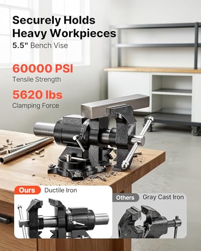 Image of VEVOR Heavy Duty Bench Vise, 5.5 inch Jaw Width, Double Swivel Rotating Multi-Purpose Bench Vise, with 360 Locking Swivel Base and Head, 2.76 inch Throat Depth, 5 inch Max Jaw Opening, for Drilling Pipe Cutting