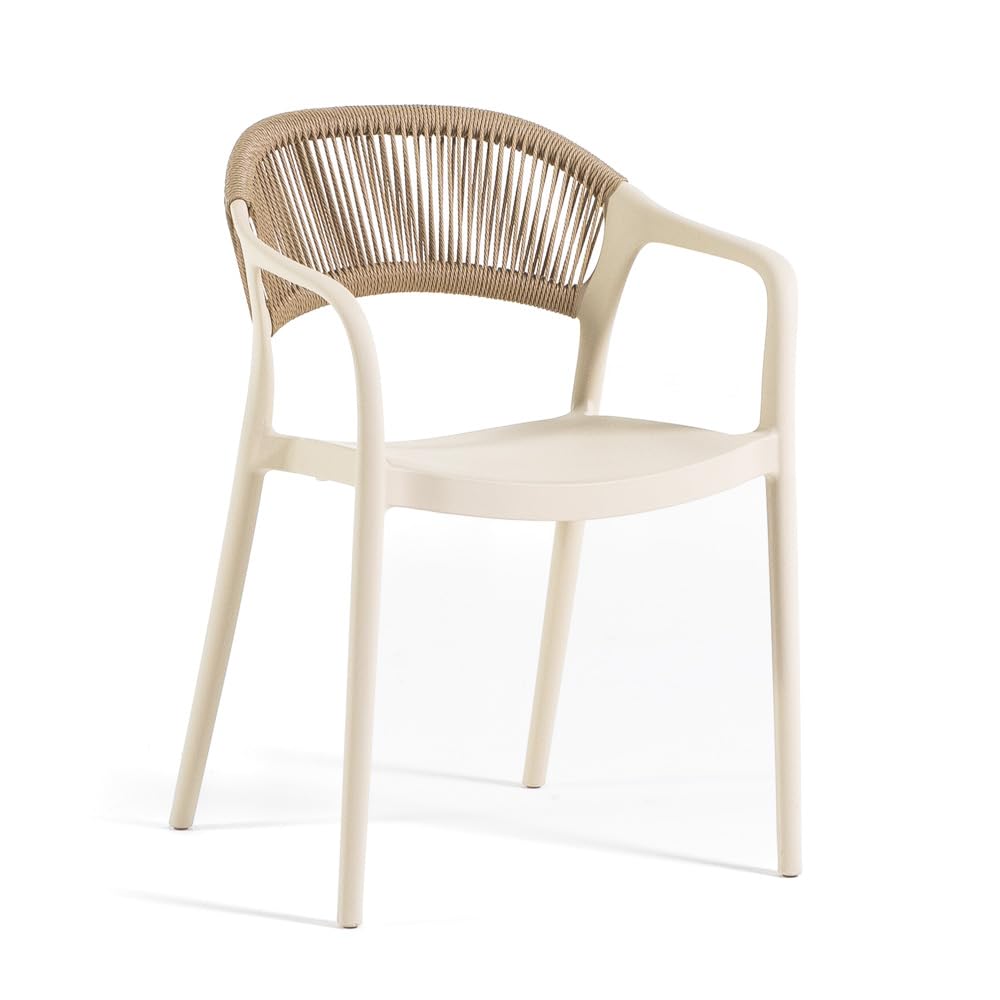 SIEDITI FUORI E DENTRO Sedie impilabili in polipropilene con fibra di vetro per esterno/giardino con schienale in corda, idrorepellenti e resistenti, design moderno - Jolanda (6, Crema)