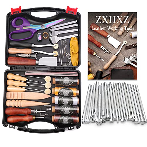 Zxiixz 67 PCS Leather Working Tools and Supplies Users Manual and Leather Craft Tools with Leather Tool Box Perfect for Stitching Punching Cutting Sewing Leather Craft Making
