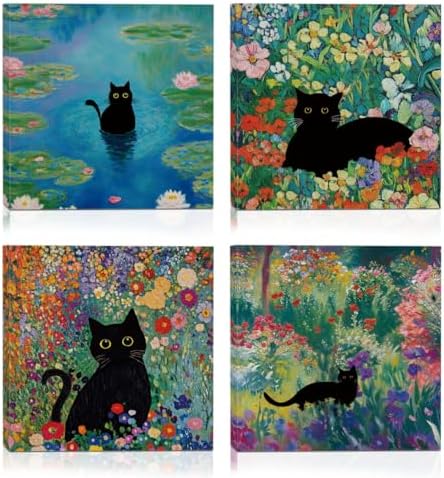 4 PCs Floral Cats Canvas Wall Art Framed Wall Decor, Cat Lover Gi...