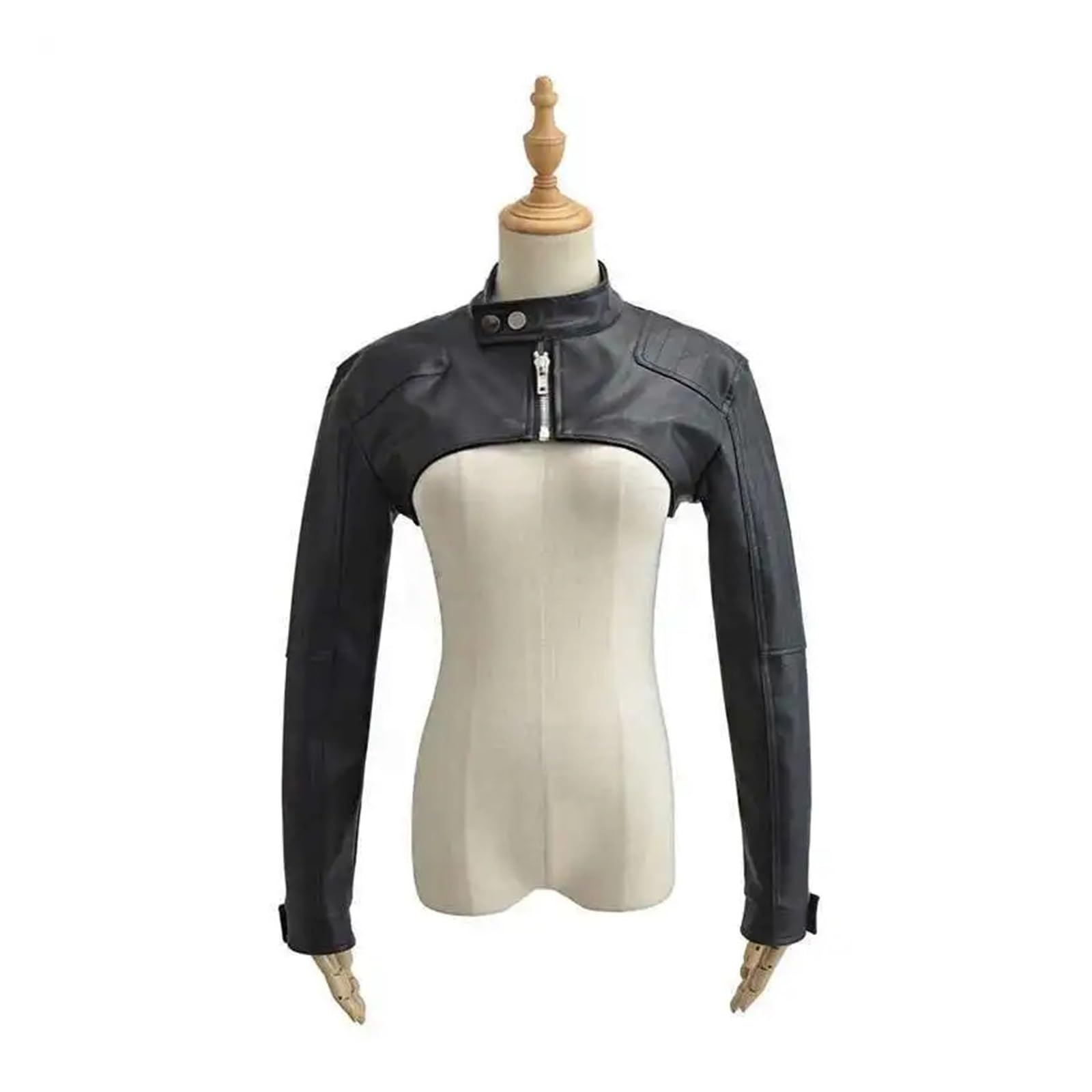 Veste Foncée Courte Zippée À Col Montant En Cuir PU