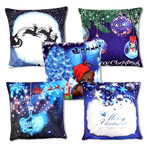 OWUDE Frohe Weihnachten Kissenbezüge 5 Pack, Super Weichem Plüsch Kissenbezüge Home Dekorative Dekokissen Cases für Wohnzimmer Studie Bett Sofa, Blau, 18"x 18"