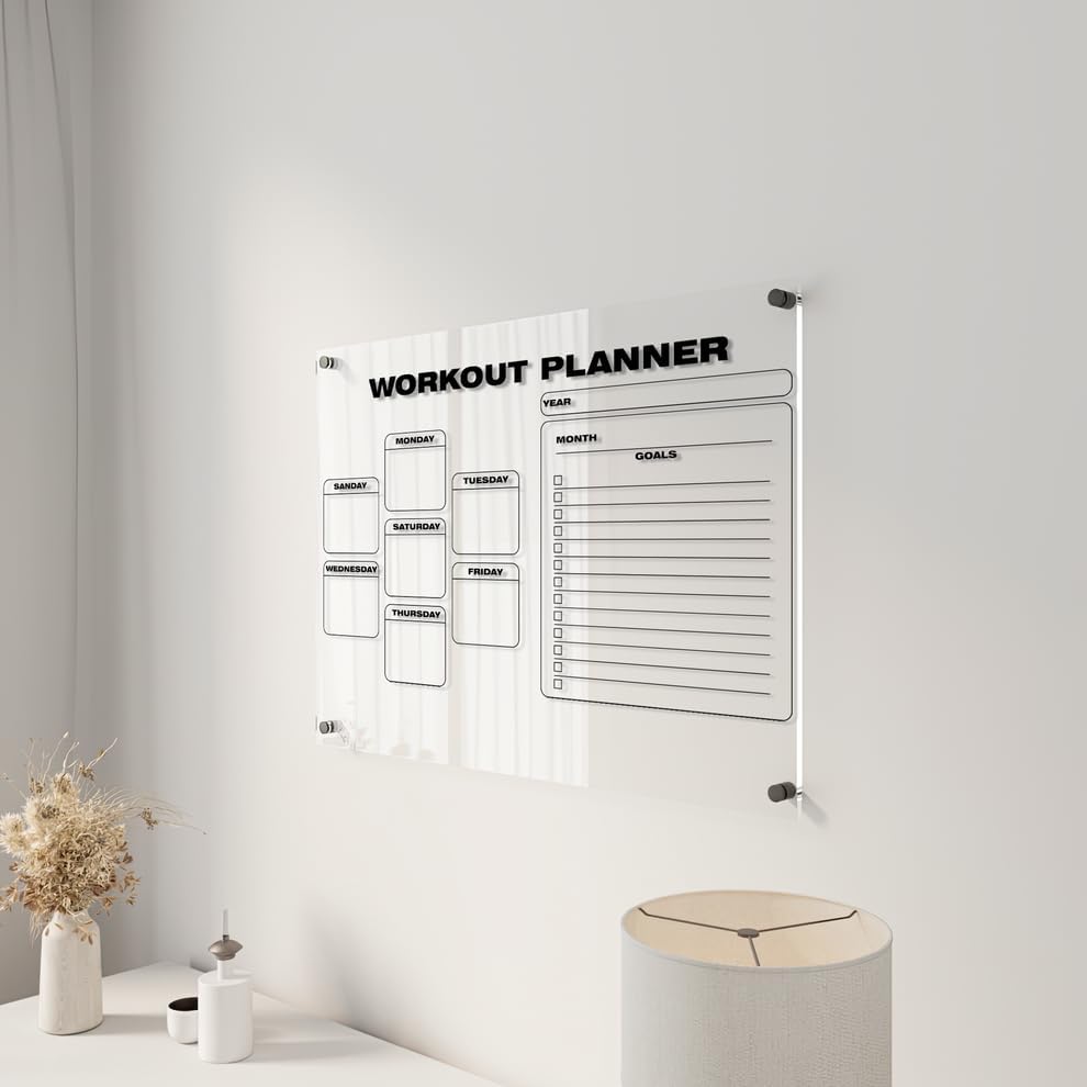 Acrylic Weekly Workout Planner | Dry Erase Fitness Schedule & Goal Tracker | 5mm Clear Wall-Mounted Calendar and Gym Organizer for Training, Exercise. | (24″x16″)
