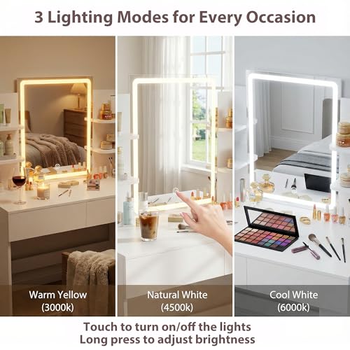Image of Furmax Vanity Desk with Mirror and LED Lights, White with Bench