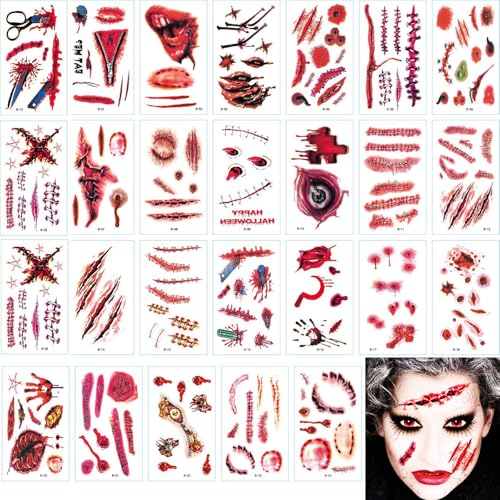LOMIMOS 30 Pcs Tatouage Halloween, Tatouage Temporaire Cicatrice pour Visage Halloween Tatouage Temporaire Waterproof pour Party Fête Horreur Cosplay Maquillage Mascarade