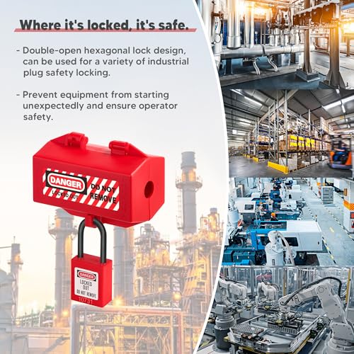 Tagout Lockout Plug Lock Device- 2 Pcs Red Polypropylene Plug Lockout for Electrical Plugs 110 and 220 Volt Power Cord Medium Industrial Grade Power Cord Lockout with 2 Locking Holes OSHA Compliant by SATTRON - Used condition - Image 7