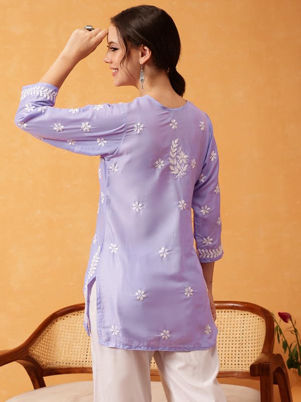 Image of Ada Women's Muslin Straight Fit Tunic Hand Embroidered Lucknowi Chikankari Straight Top Short Kurti A911420