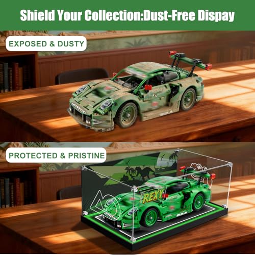 Image of Acrylic Display Case for Lego 42224 Porsche 911 GT3 R Rexy AO Racing Car, Dustproof Acrylic Showcase Box with with LED Lighting(Only Case - Model Not Included)