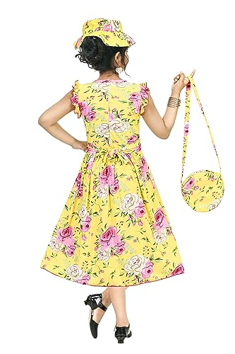 Image of Girl's A-Line Knee Length Dress | Short Frock with Cap, Mask and Purse