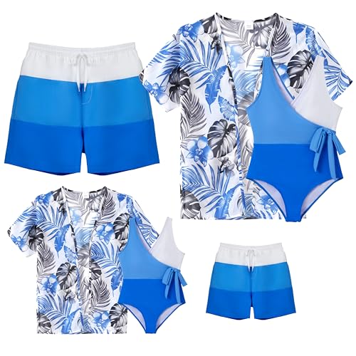 Image of IFFEI Mommy and Me Swimsuits Family Matching Bathing Suits with Cover Up | Tropical Leaf Print Family Swimwear, Chic One-Piece with Lightweight Cover-Up, Swim Trunks with Drawstring Waist