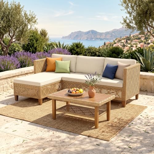 Image of PHI VILLA Outdoor Sectional Couch, Small L-Shaped Patio Sofa Sets, Beige