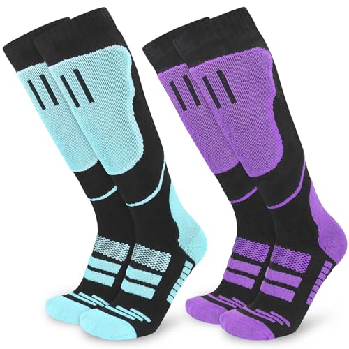 srclo Thermo-Skisocken für Damen kniehoch lang gepolstert warm dick Wintersocken für Skifahren Snowboarden violett blau 4-8 (violett/blau)