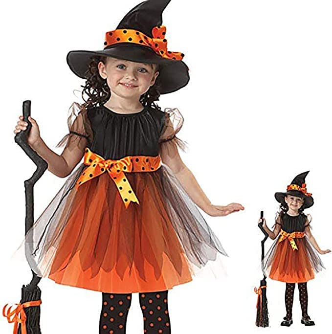 Halloween Witch Costume Set Kids Girls Cute Witch Dress Deluxe Set Fancy Party Dress Witch Cosplay Role Play Dress Up Tutu Skirt with Hat