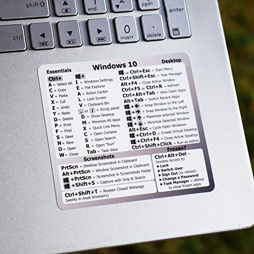 SYNERLOGIC Windows 10 Reference Keyboard Shortcut Cheat Sheet Sticker - White Vinyl 3.5\"x3.25\" for any 15\" and larger PC laptop compatible brands Dell HP Sony Toshiba Asus Acer Compaq MSI Razer and more