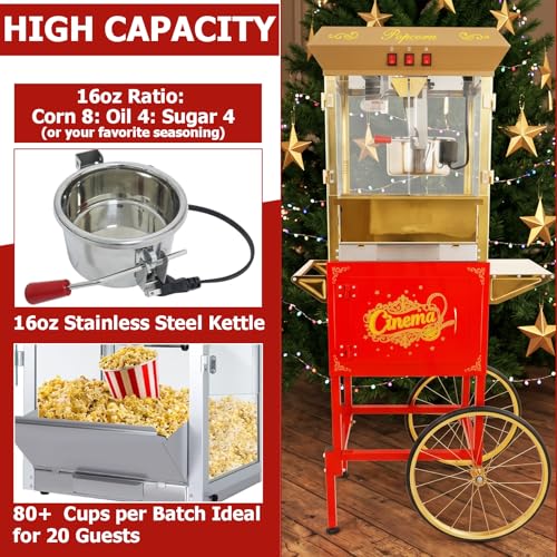 Image of Commercial Popcorn Machine with Cart -16OZ Kettle Popcorn Makers with Heating, 1000W 3-Switch Control & Tempered Glass Doors for Office, Restaurant, Carnival, Schools, Church, Christmas, Red