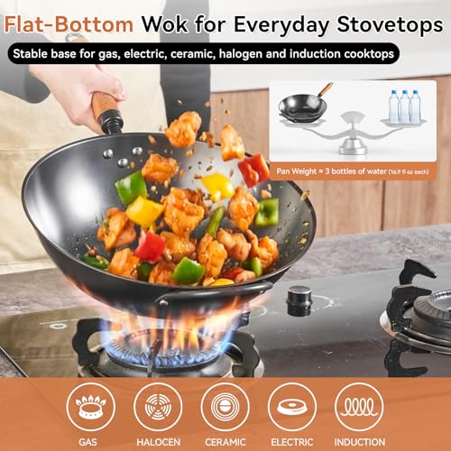 VIVIDCOOKWARE 12.6 Inch Carbon Steel Wok with Lid, Flat Bottom Induction Wok Pan, Non-Coated Stir Fry Wok Skillet with Helper Handle, Gas Electric Ceramic Halogen Compatible, Includes Iron Wok Spatula - Thumbnail 6