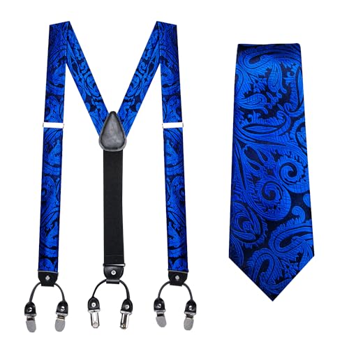 Image of Barry.Wang Men Suspender Set with Necktie Elastic Y Type Heavy Duty 6 Clips Braces Tie Handkerchief Cufflink Pin 6PCS