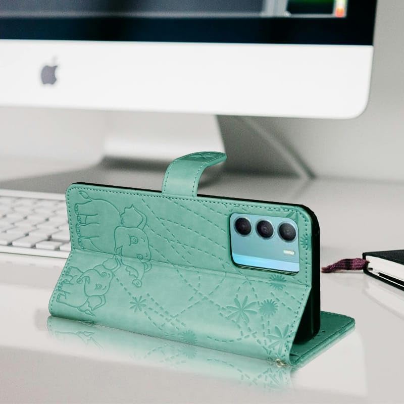 Image of amazon basics Realme Narzo 80 Pro 5G Flip Cover | Card Pockets Wallet & Stand | Flip Cover for Realme Narzo 80 Pro 5G (Green Elephant)