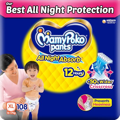Image of Mamypoko pants All Night Absorb| Pant Style Baby Diapers X- Large Size(XL), 52 Count (Pack of 2), Ideal for 12-17Kgs|+50% wider and repeated absorption for all night 12hr protection from leakage, prevents heaviness