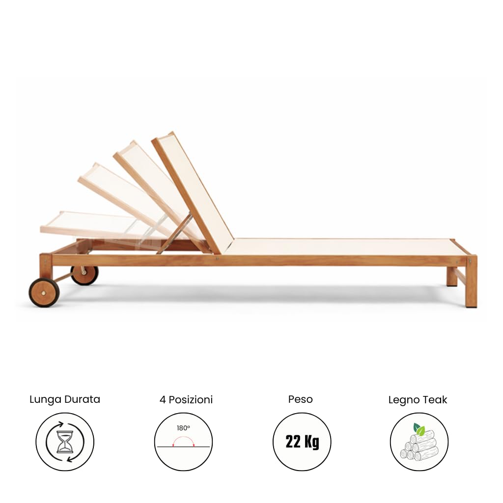 Set 2 Lettini Prendisole in Legno Teak con Ruote JAVA | Sdraio Giardino Reclinabile 4 Posizioni con Tela Traspirante | Lettini Piscina Outdoor Premium | (Beige)
