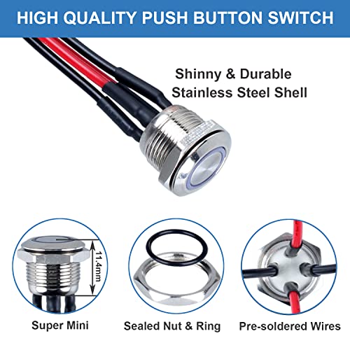 Dmwd 2Pcs 12Mm Super Mini Momentary Push Button Switch 1/2" Mounting Hole 12V-24V On Off 4Pins 1No Waterproof Anti-Vandal With Pre-Soldered Cable Stainless Steel Shell Halo Ring White Led #TOP3